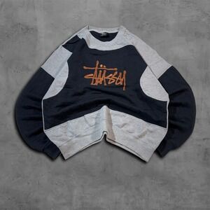 Vintage Oversized Grey Stussy Crewneck Streetwear Rework Style Sweater